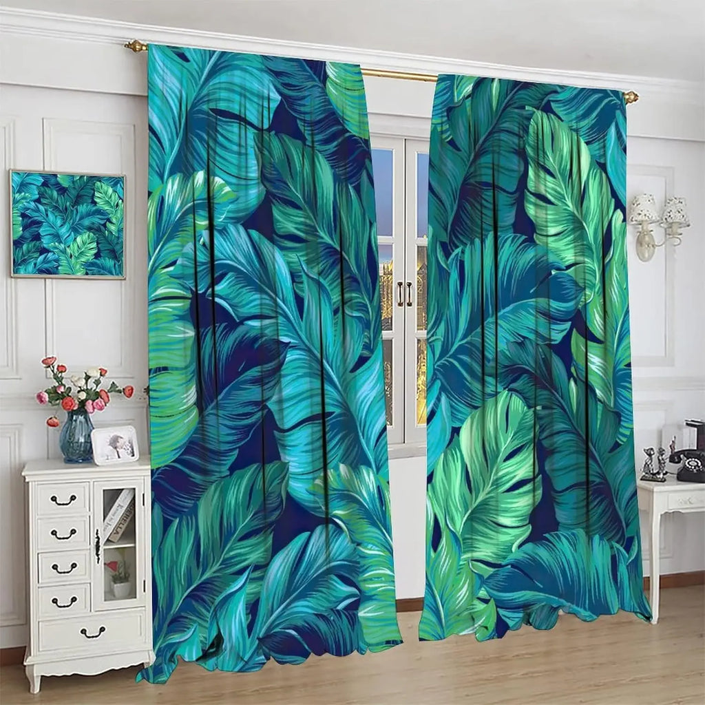 Rideaux jungle palmier vert bleu occultation modérée (2 panneaux), hauteur moins de 160 cm