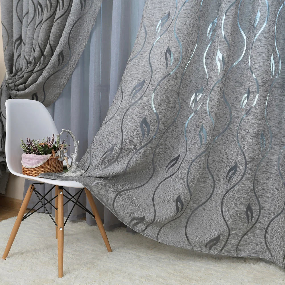 Rideau jacquard gris motif feuilles ajouré pour salon et chambre