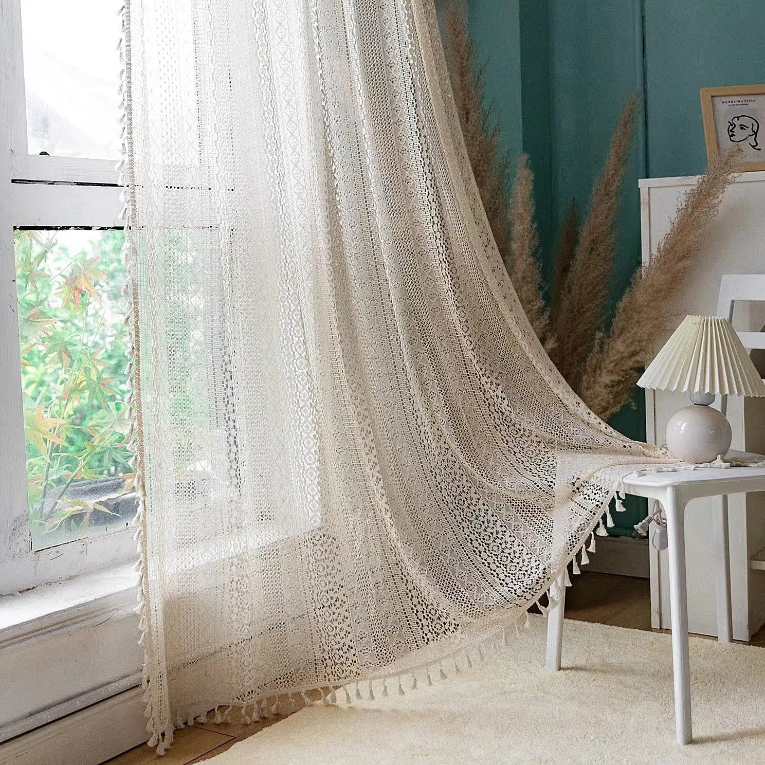 Rideau voilage bohème en coton macramé ajouré avec pompons
