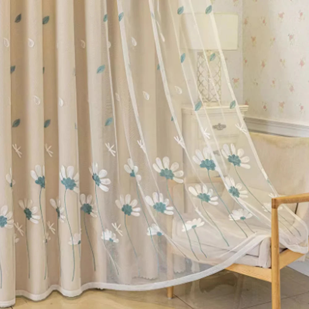 Rideau double épaisseur brodé beige en polyester pour salon et chambre