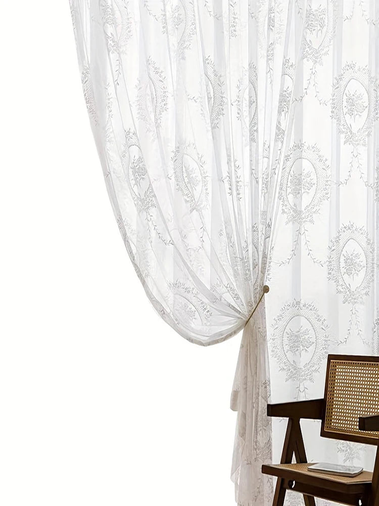 Voilage dentelle fleurie pivoine blanc tamisant élégant pour intérieur et extérieur