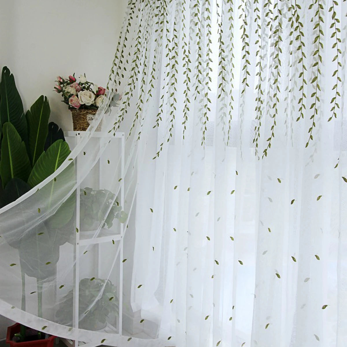 Rideau voilage feuilles brodées vert tamisant polyester pour salon et chambre