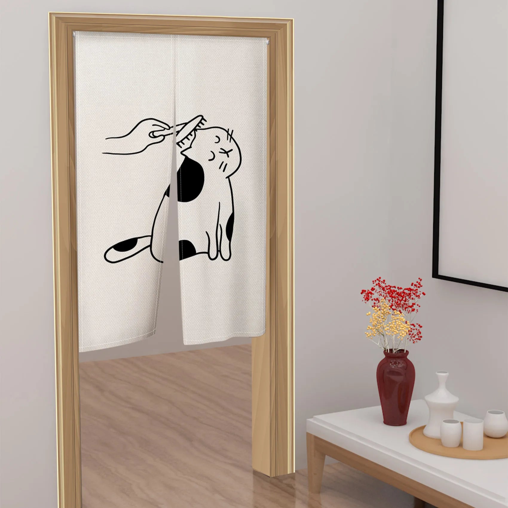Rideau de porte japonais en lin motif chat style noren pour cuisine et entrée