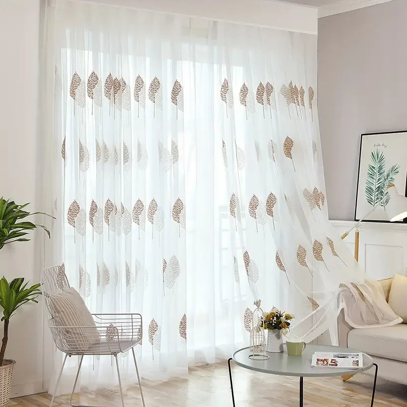 Rideau voilage brodé feuilles translucide blanc élégant, pose à passe-tringle
