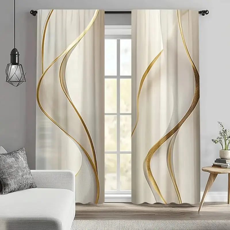 Rideaux tamisants crème à motifs lignes dorées en polyester (2 panneau, largeur moins de 100 cm