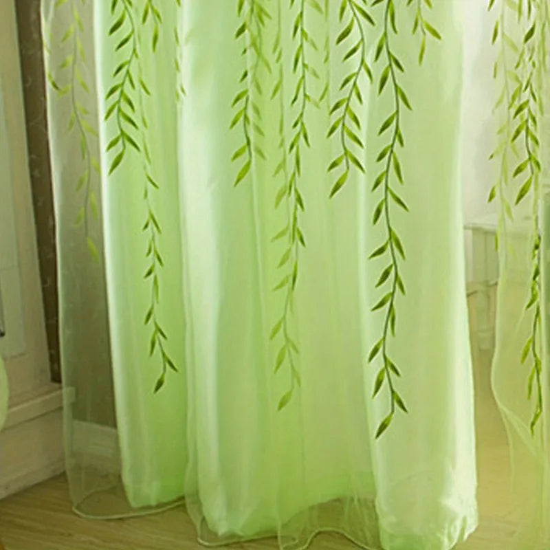 Rideaux voilage verts motif feuilles de saule en polyester (2 panneaux)