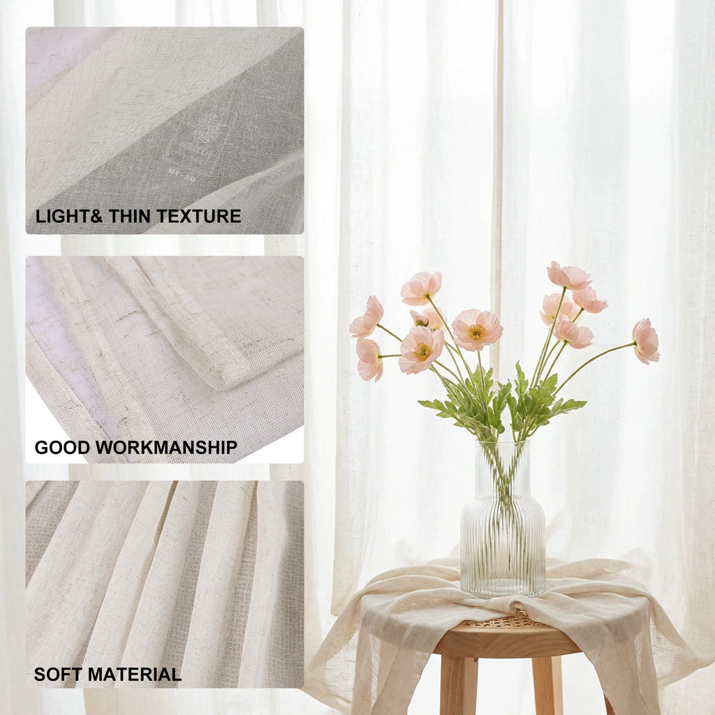 Rideaux voilage en lin beige tamisant à œillets, hauteur 200 à 239 cm