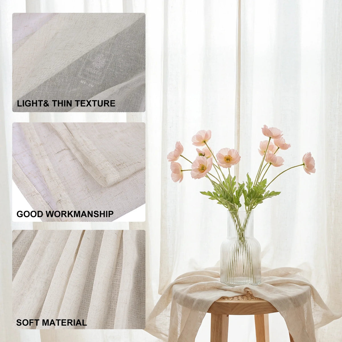 Rideaux voilage en lin beige tamisant à œillets, hauteur 200 à 239 cm