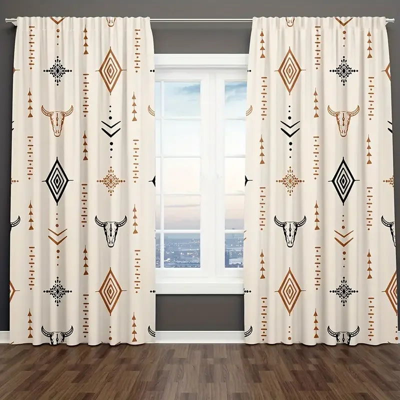 Rideau boho tribal imprimé tête de taureau filtrant (2 panneaux), largeur moins de 100 cm