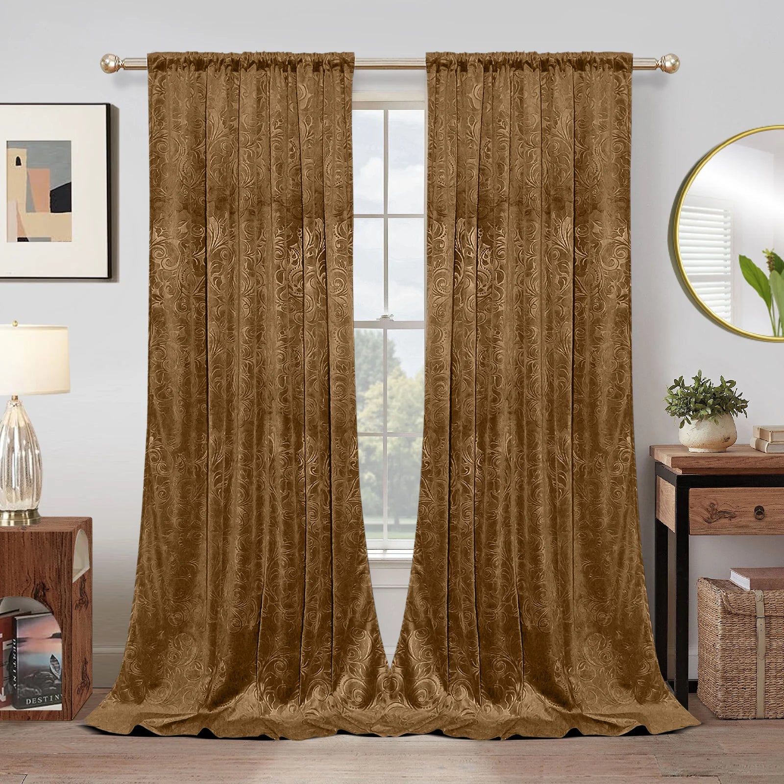 Rideaux occultants en velours à motifs floraux thermiques (2 panneaux)