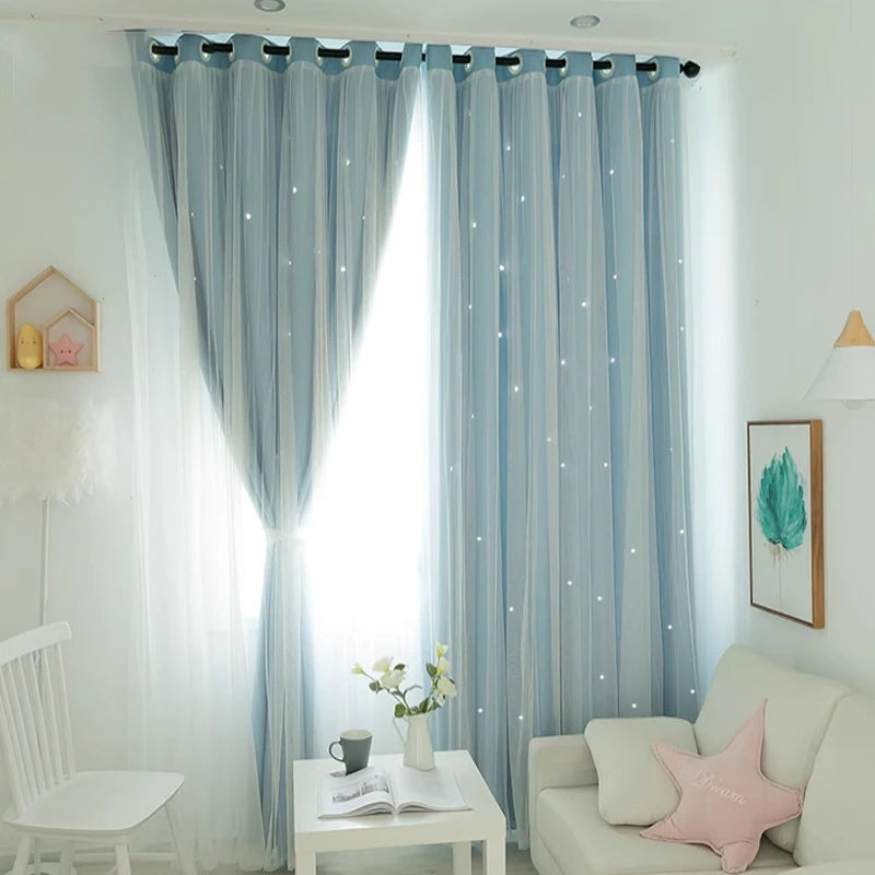 Rideaux occultants double couche étoiles avec voilage intégré bleu ou , hauteur 200 à 239 cm