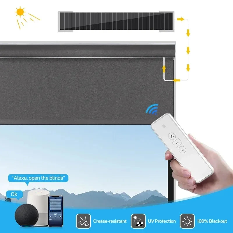 Store enrouleur occultant motorisé solaire sur mesure avec télécommande connecté