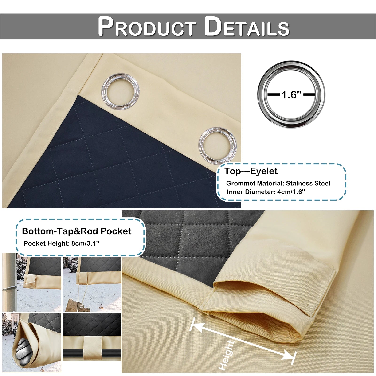 Rideau extérieur occultant thermique matelassé imperméable pour pergola