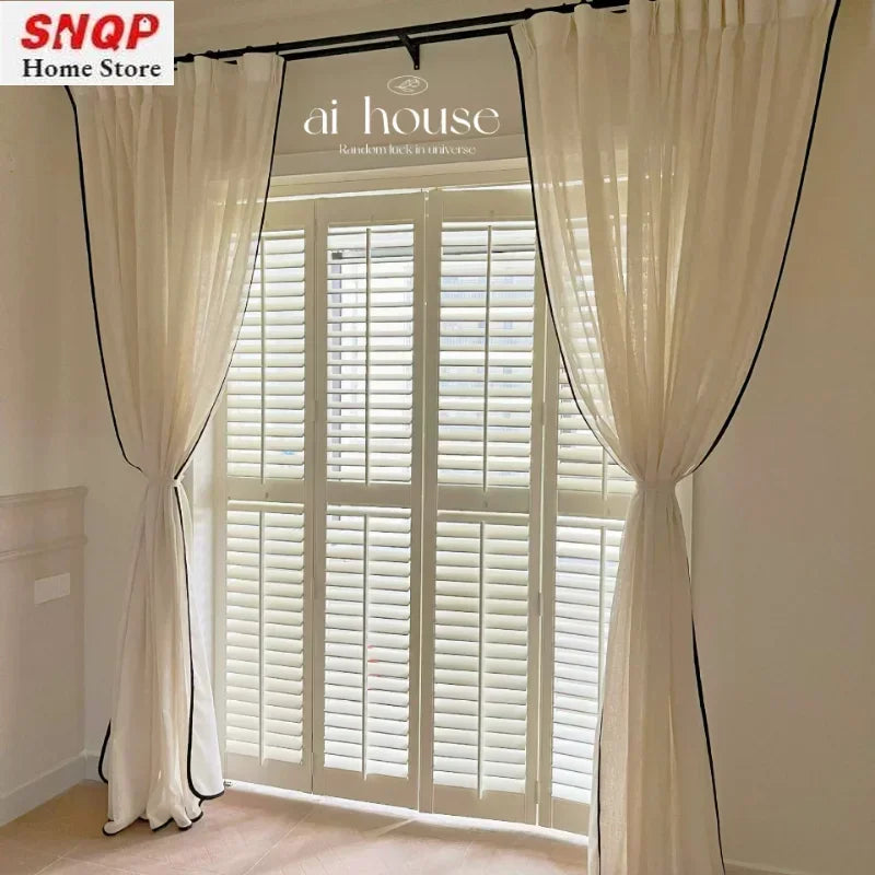 Rideau voilage beige en tulle bord noir pour salon et chambre