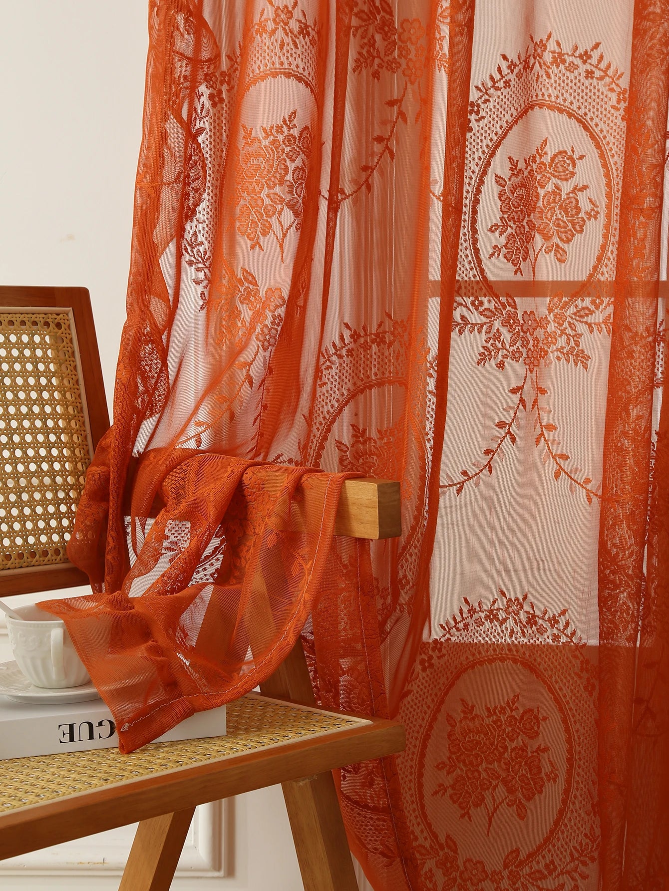Rideau en dentelle orange à motifs floraux translucide pour salon et chambre