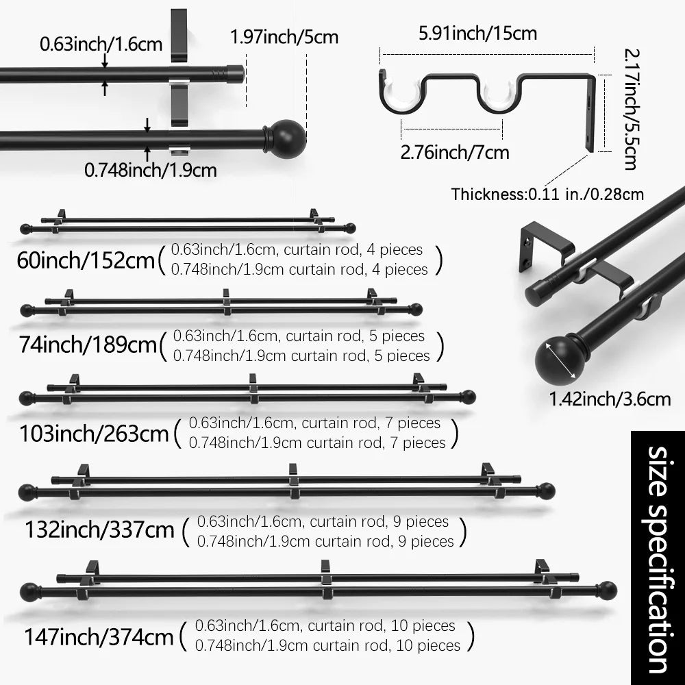Tringle double rideau extensible noire en métal pour voilage et rideau occultant