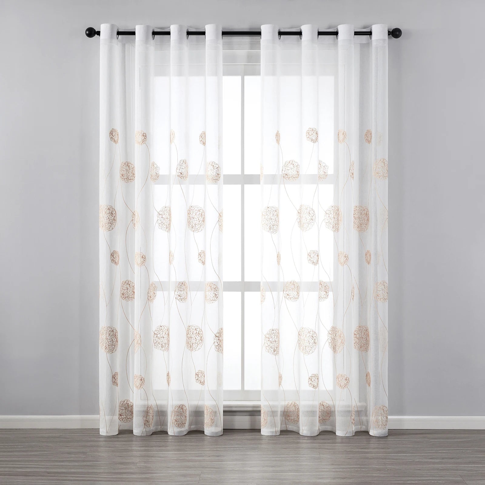 Rideau voilage blanc brodé moderne en polyester – 2 panneaux