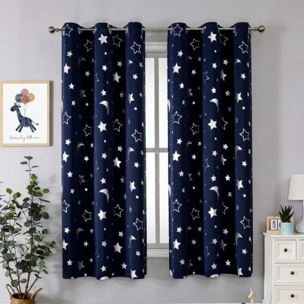 Rideau occultant étoiles et lune argentées en polyester, largeur 100 à 139 cm