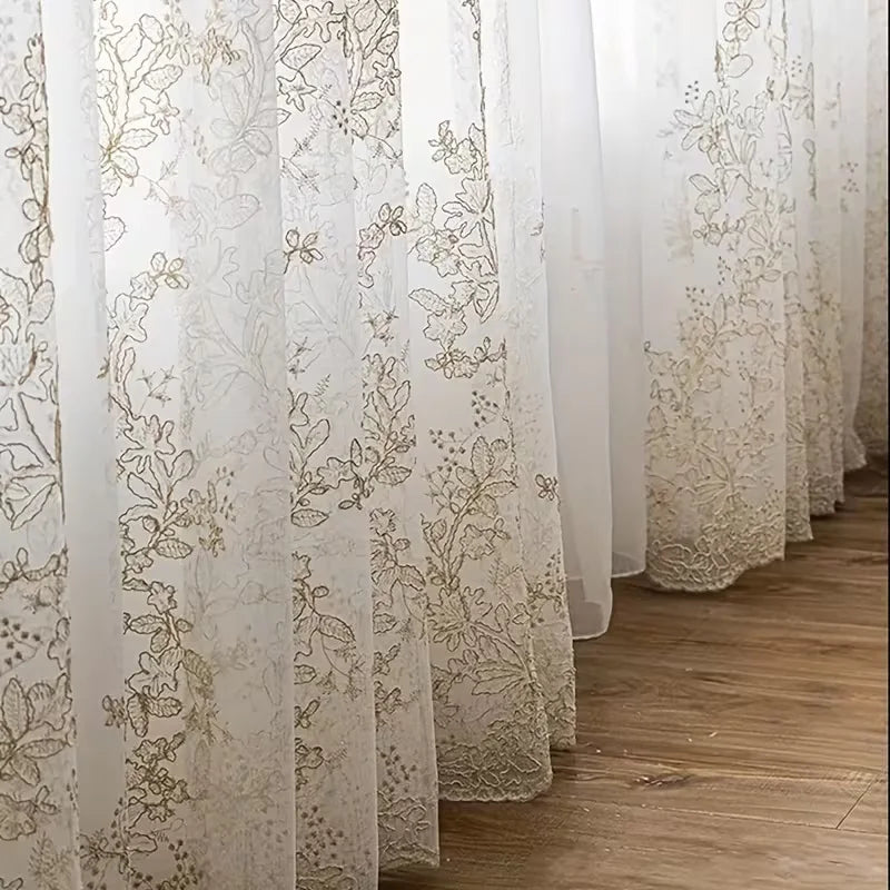 Voilage blanc brodé floral tamisant en polyester élégant, pose à œillets
