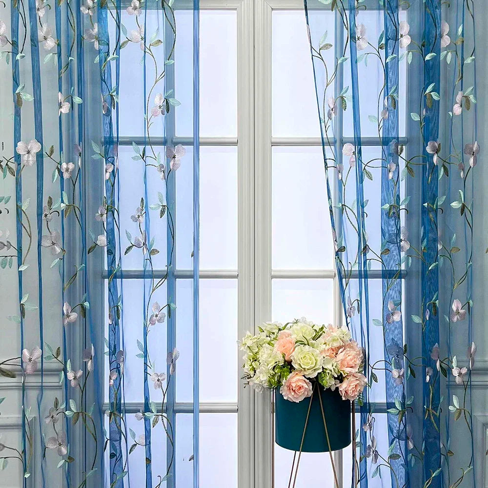 Rideau voilage brodé floral en tulle, largeur 100 à 139 cm