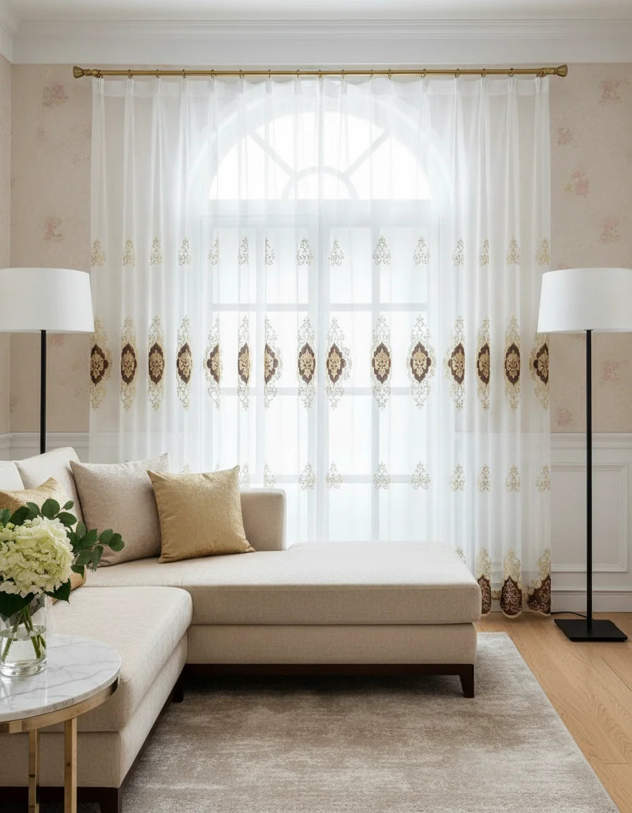 Rideaux voilage brodés européens 2 panneaux en polyester pour salon et chambre