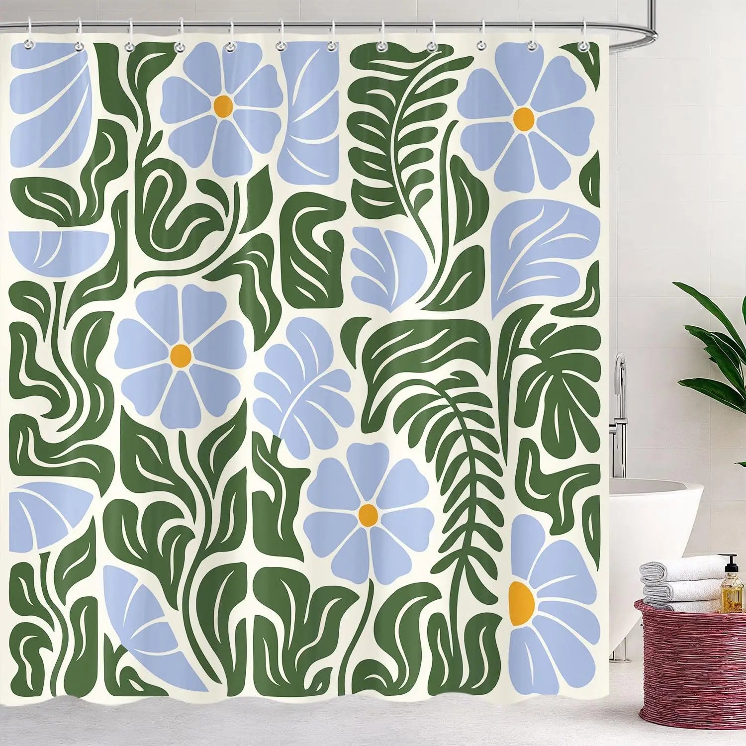 Rideau de douche polyester imperméable motif floral rétro bleu vert