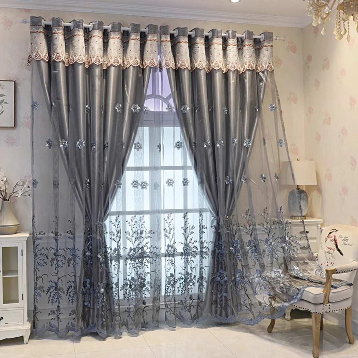 Rideau occultant double épaisseur motif floral nordique, largeur 100 à 139 cm