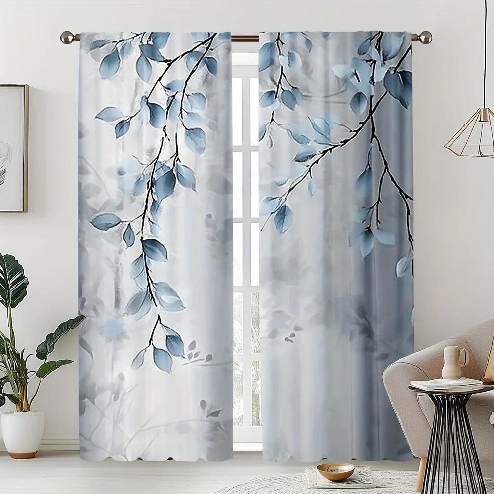 Rideaux bleus à motifs feuilles tamisant en polyester, largeur moins de 100 cm