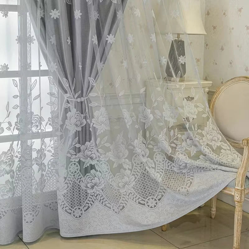 Rideau occultant double épaisseur gris à motifs floraux avec voilage intégré