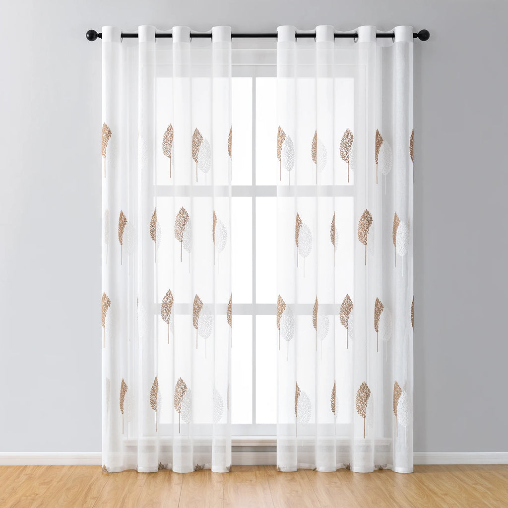Rideaux voilage brodés feuilles en polyester, brun