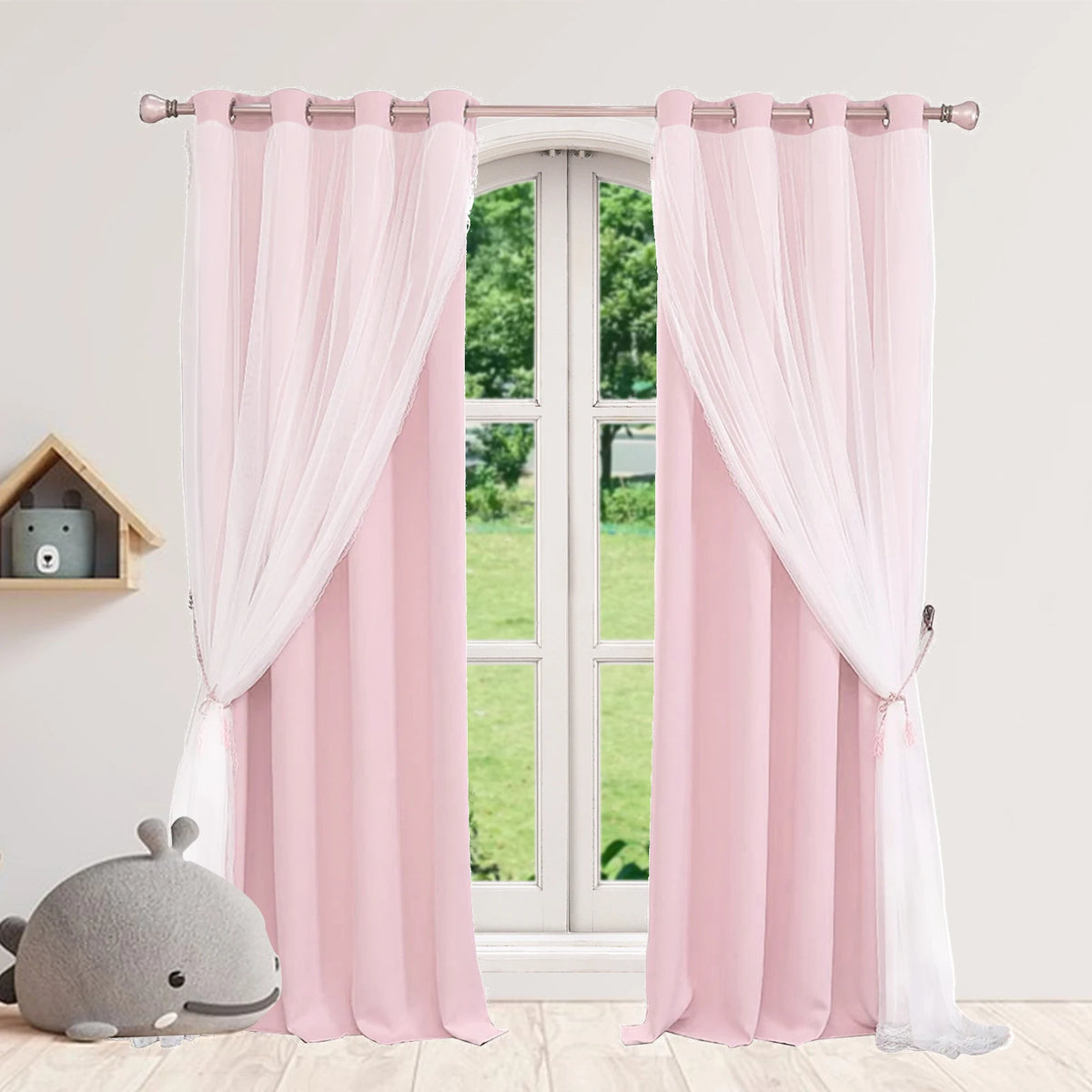Rideau occultant double épaisseur avec voile princesse, rose (2 panneaux)