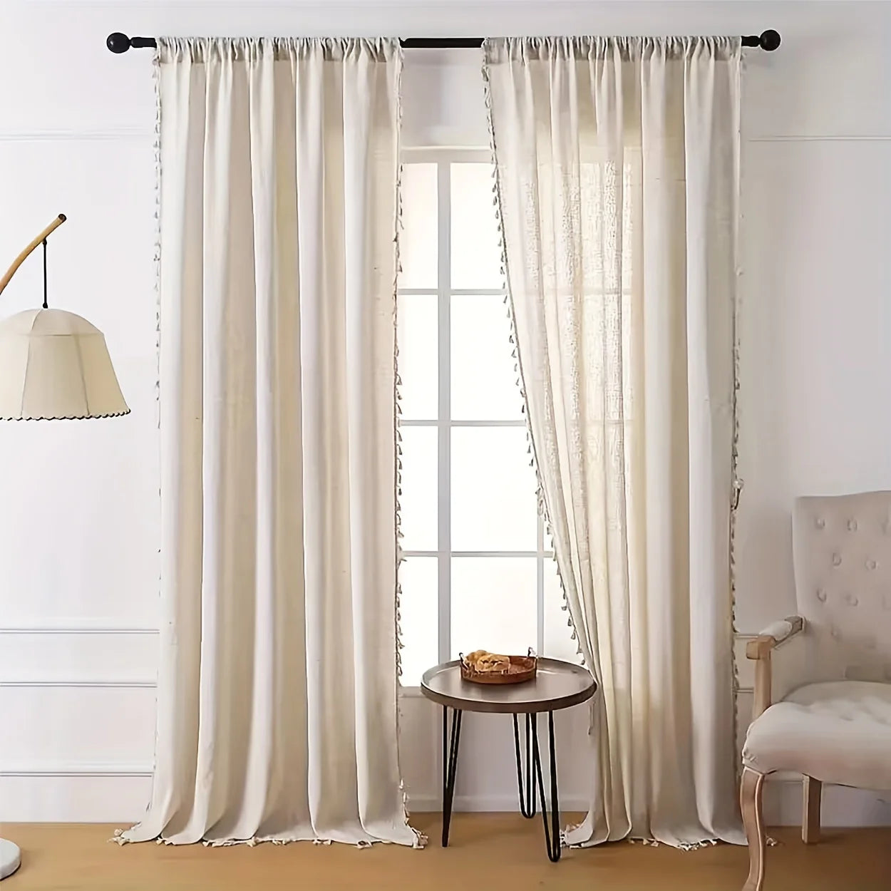 Rideau en lin naturel avec dentelle – Voilage translucide, idéal pour salon et chambre