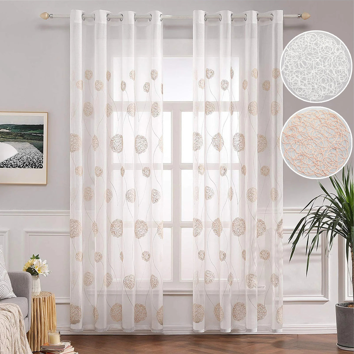 Rideau voilage blanc brodé moderne en polyester, largeur 140 à 199 cm