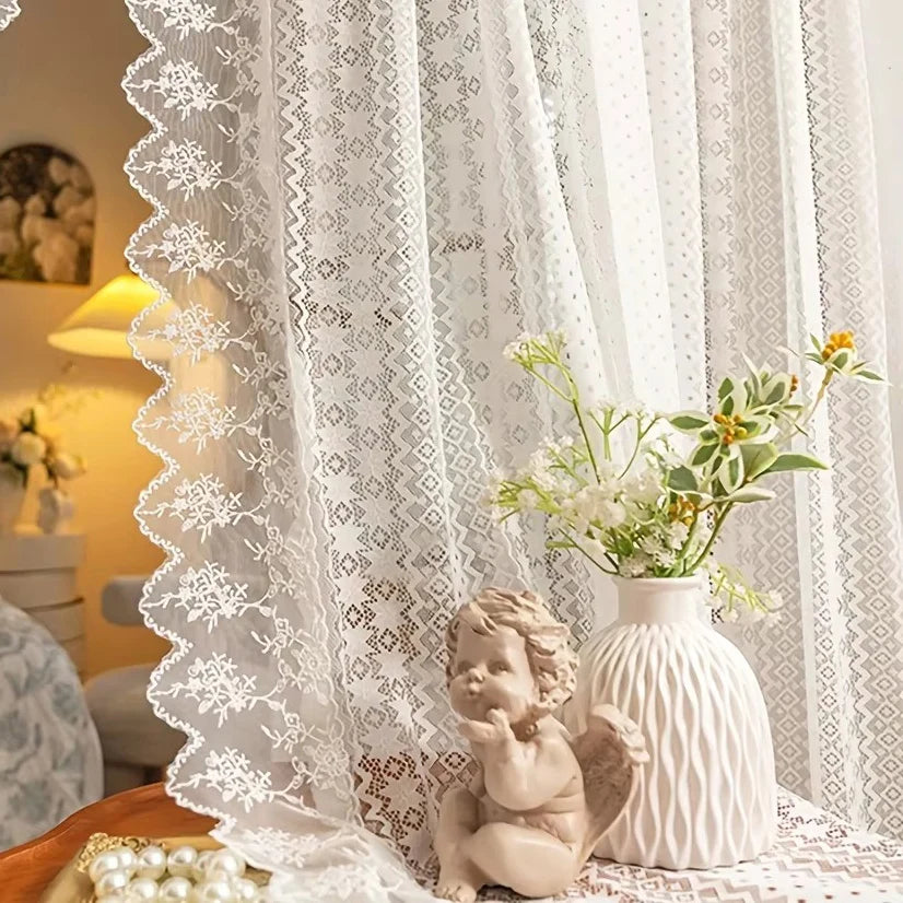 Rideau voilage dentelle blanche brodée pour chambre et salon