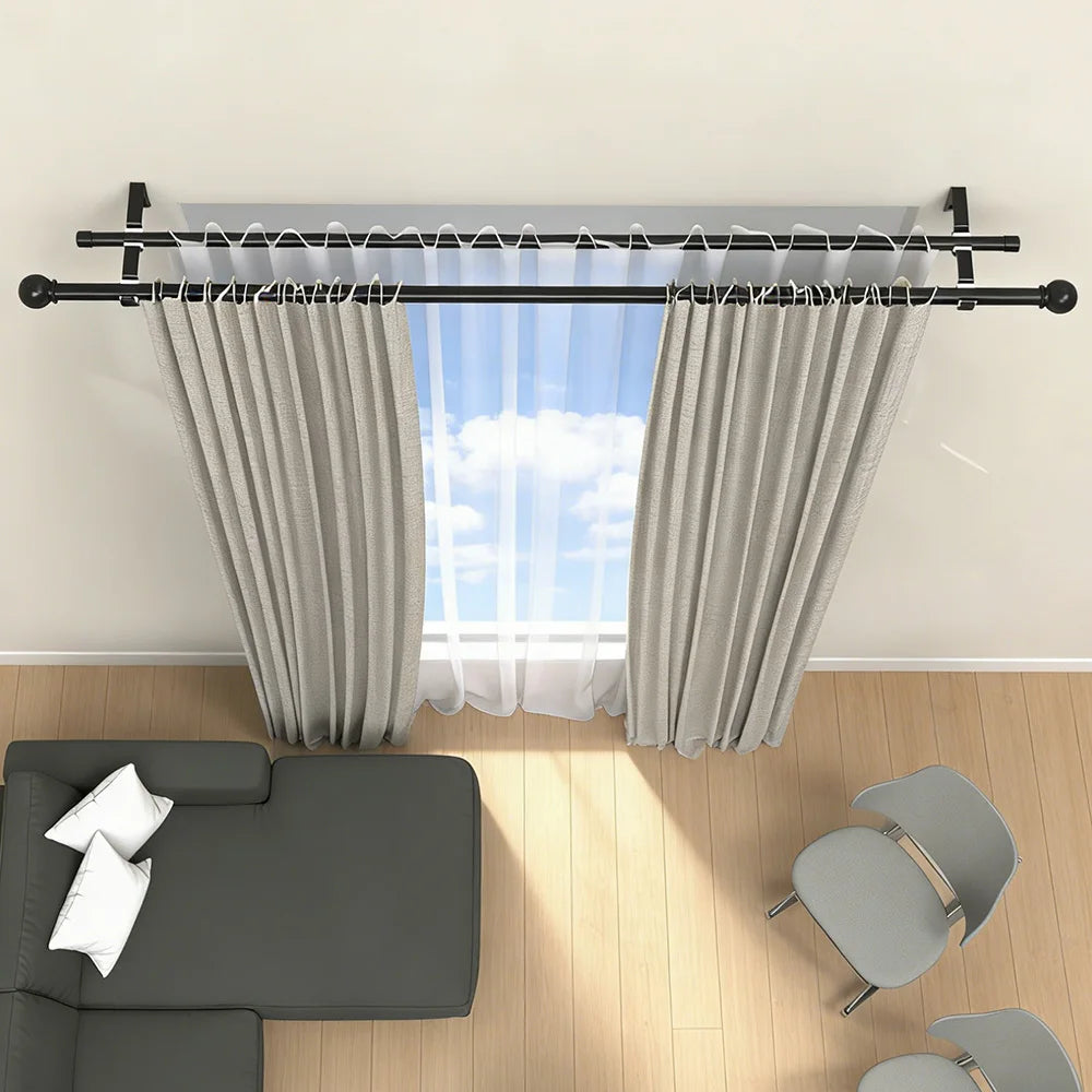 Tringle double rideau extensible noire en métal pour voilage et rideau occultant