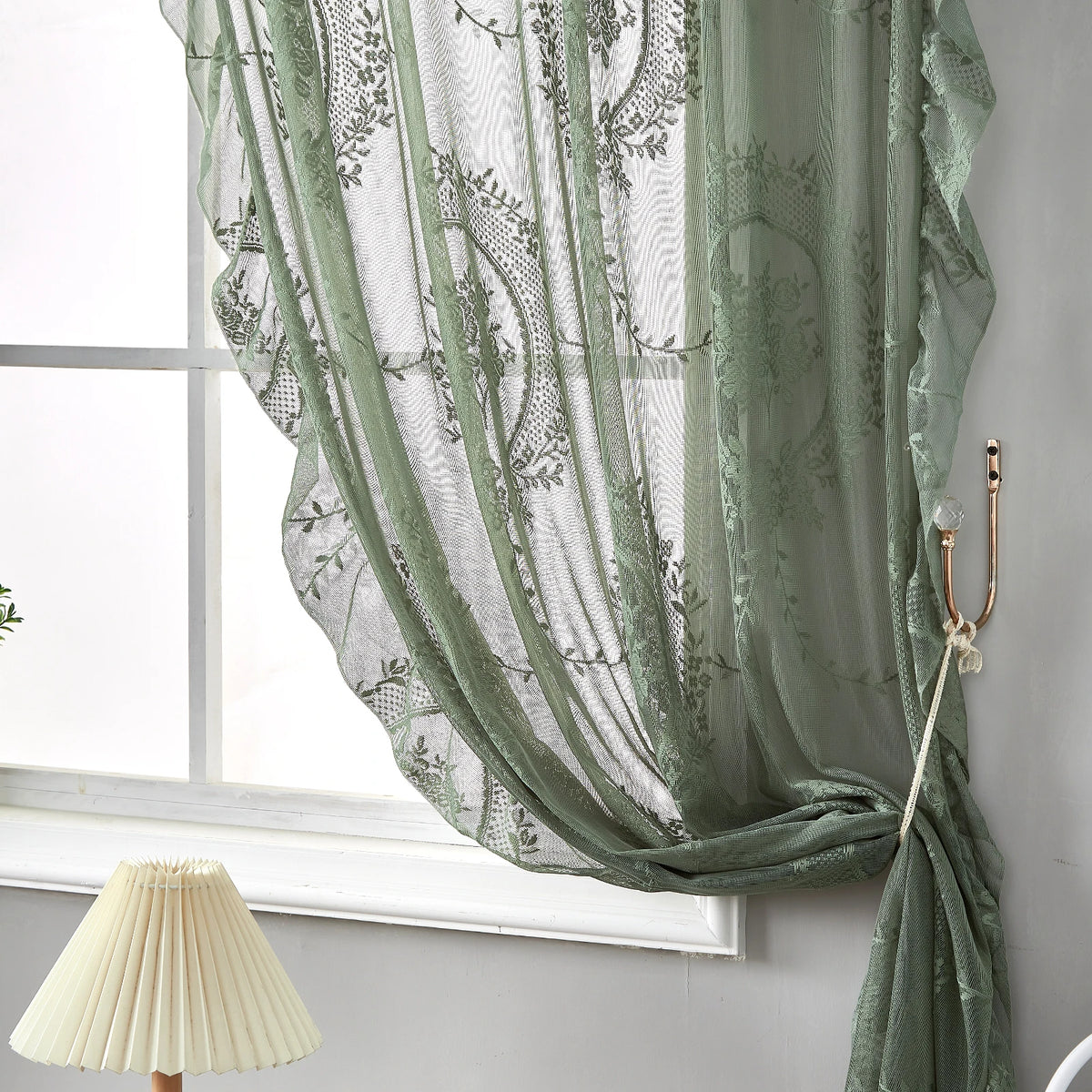 Rideau voilage en dentelle verte à volants style pastoral, hauteur 240 à 269 cm