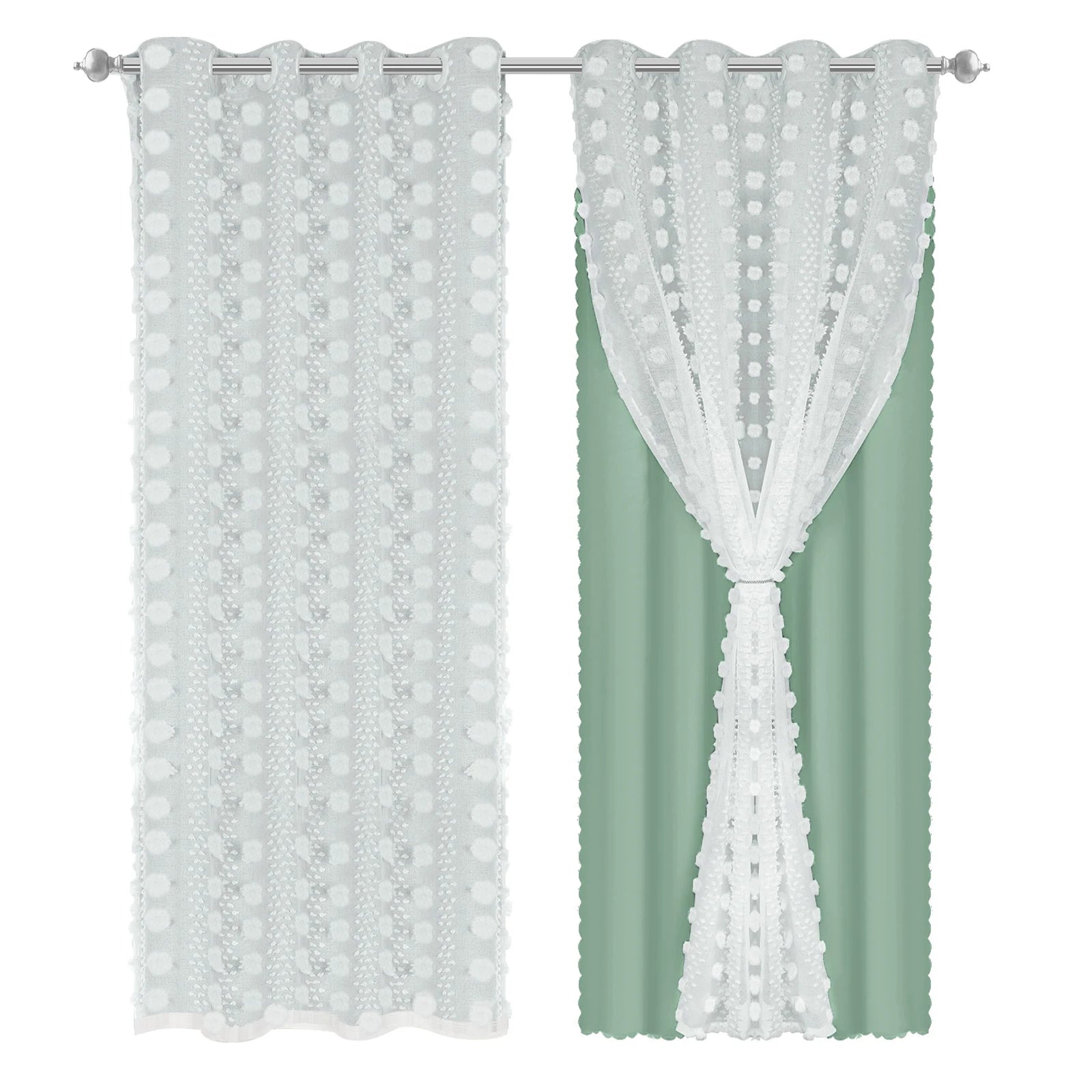 Rideau occultant double épaisseur avec voile pompons pour chambre enfant