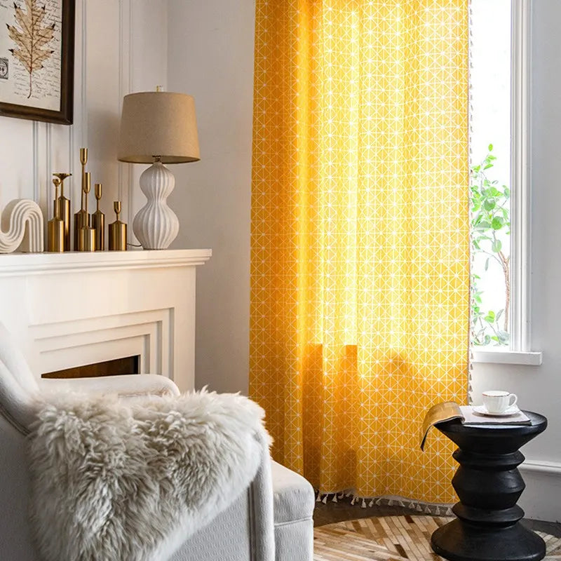 Rideau jaune géométrique bohème en polyester coton pour salon