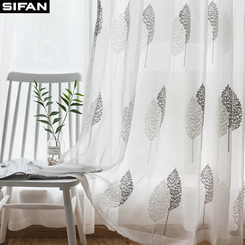 Voilage blanc brodé feuilles grises en tulle transparent pour salon moderne