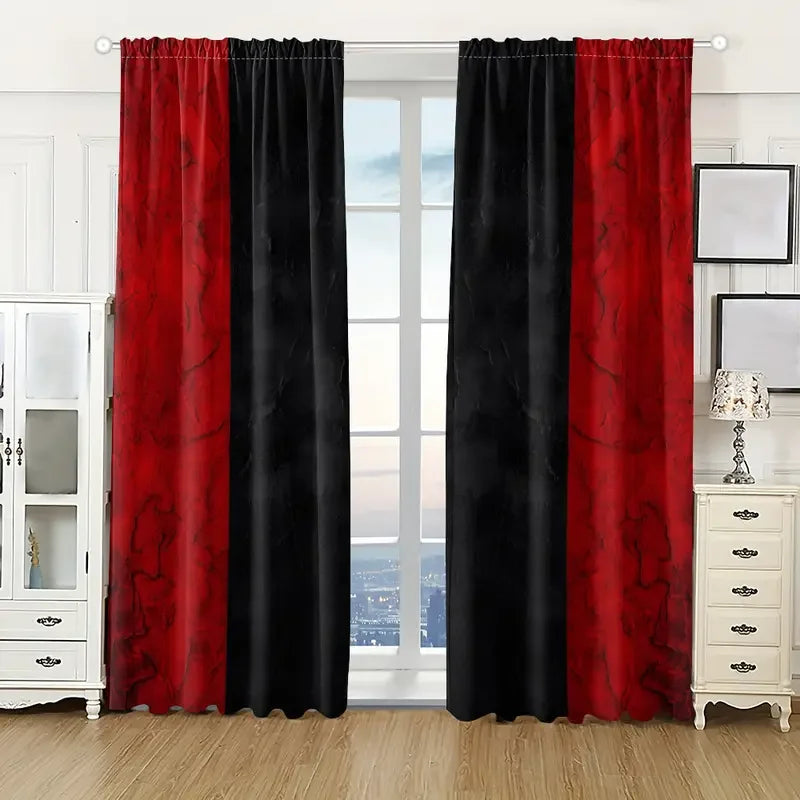 Rideaux tamisants rouge et noir effet marbre en polyester (2 panneaux), largeur moins de 100 cm