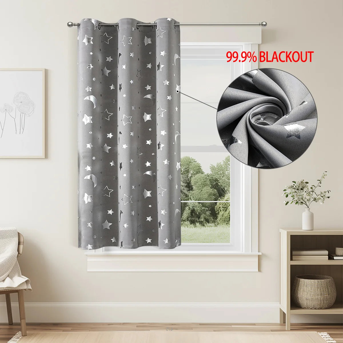 Rideau occultant étoiles et lune argentées en polyester pour chambre