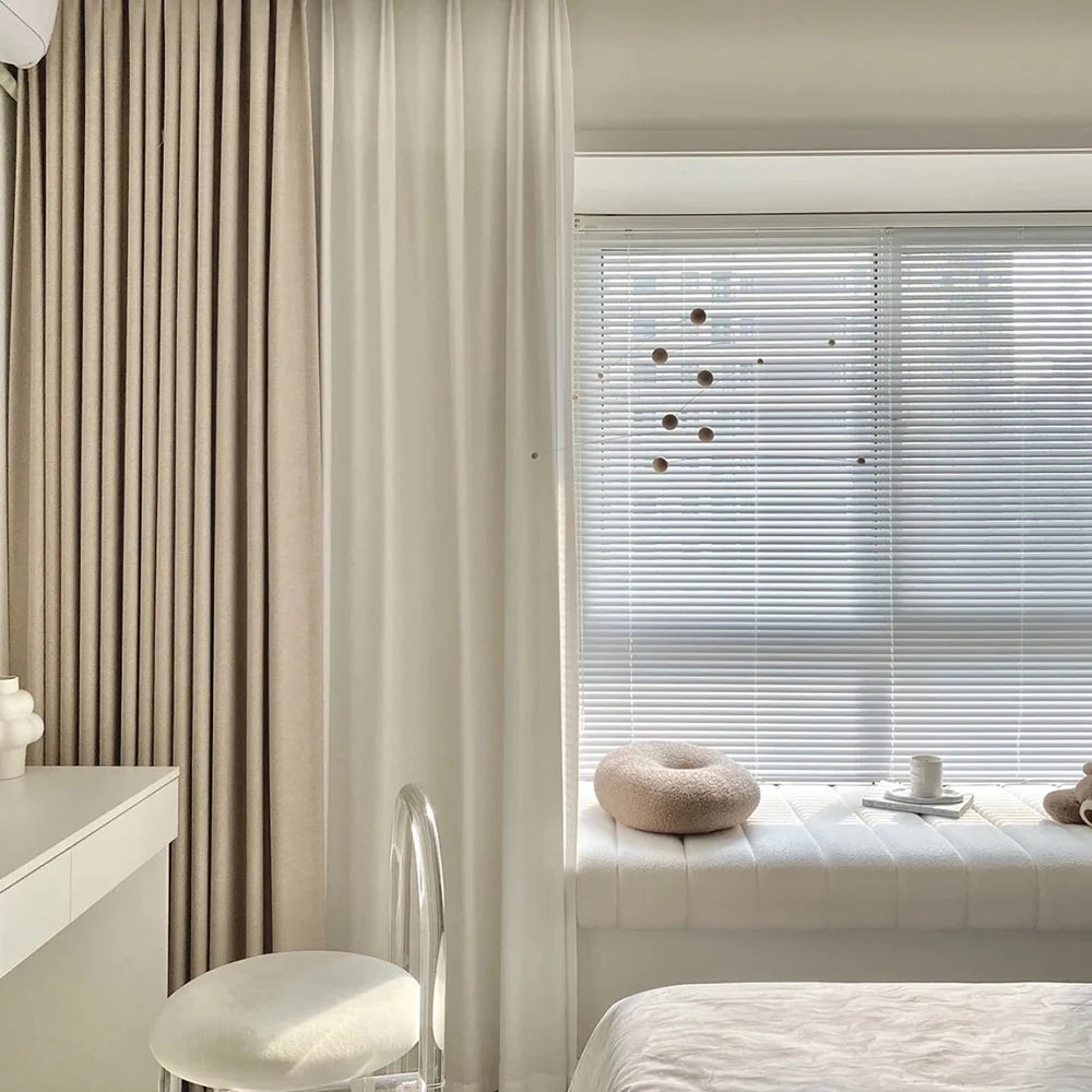 Rideau tamisant chenille beige crème jacquard effet bois pour salon et chambre
