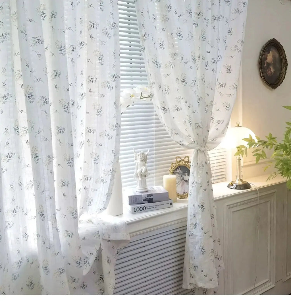 Rideau court en coton à motifs floraux avec pompons, hauteur 240 à 269 cm