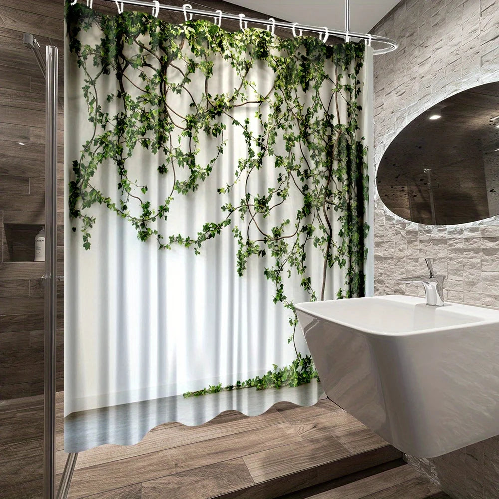 Rideau de douche feuillage vert en polyester imperméable pour salle de bain