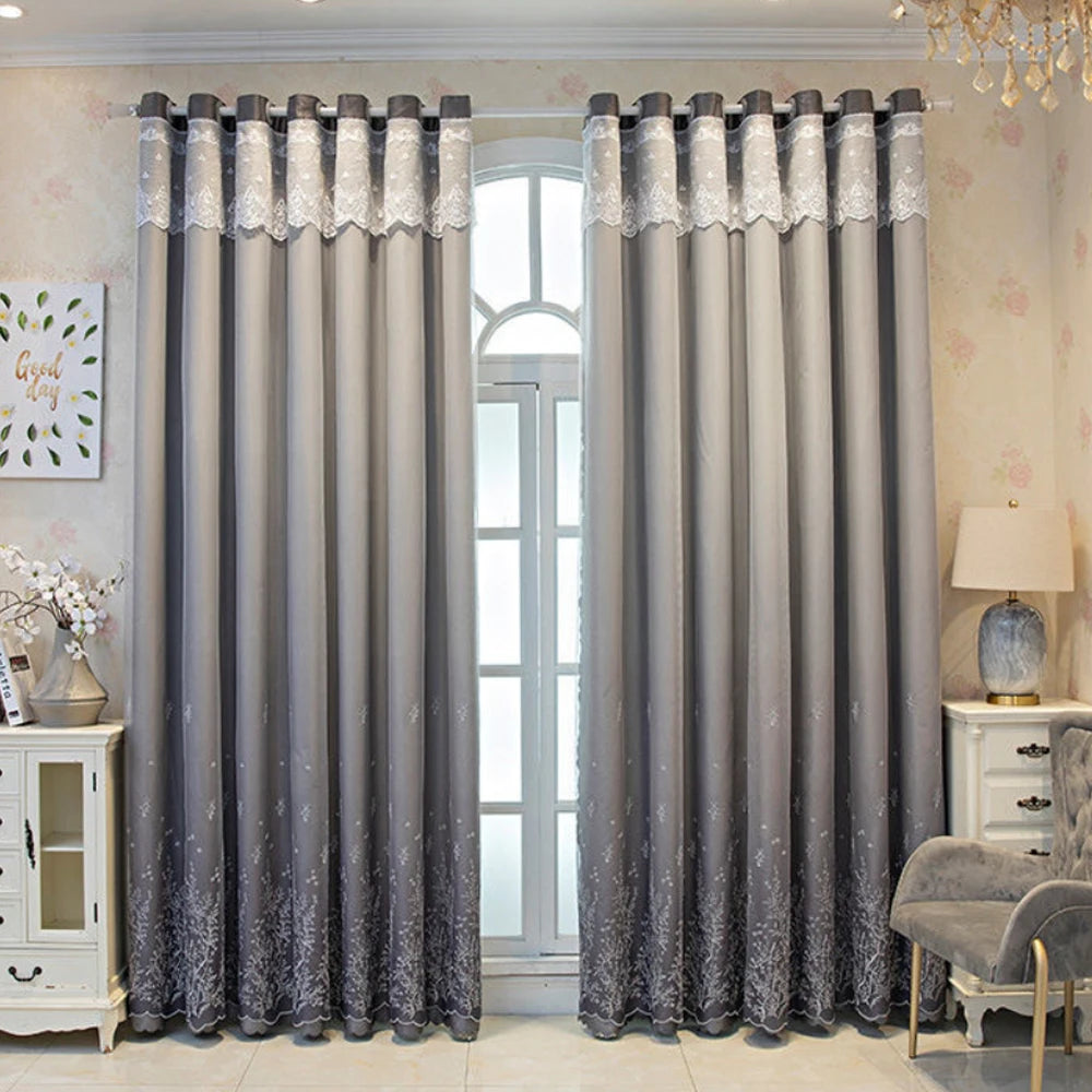 Rideau occultant double épaisseur gris foncé brodé style luxe, pose à crochets
