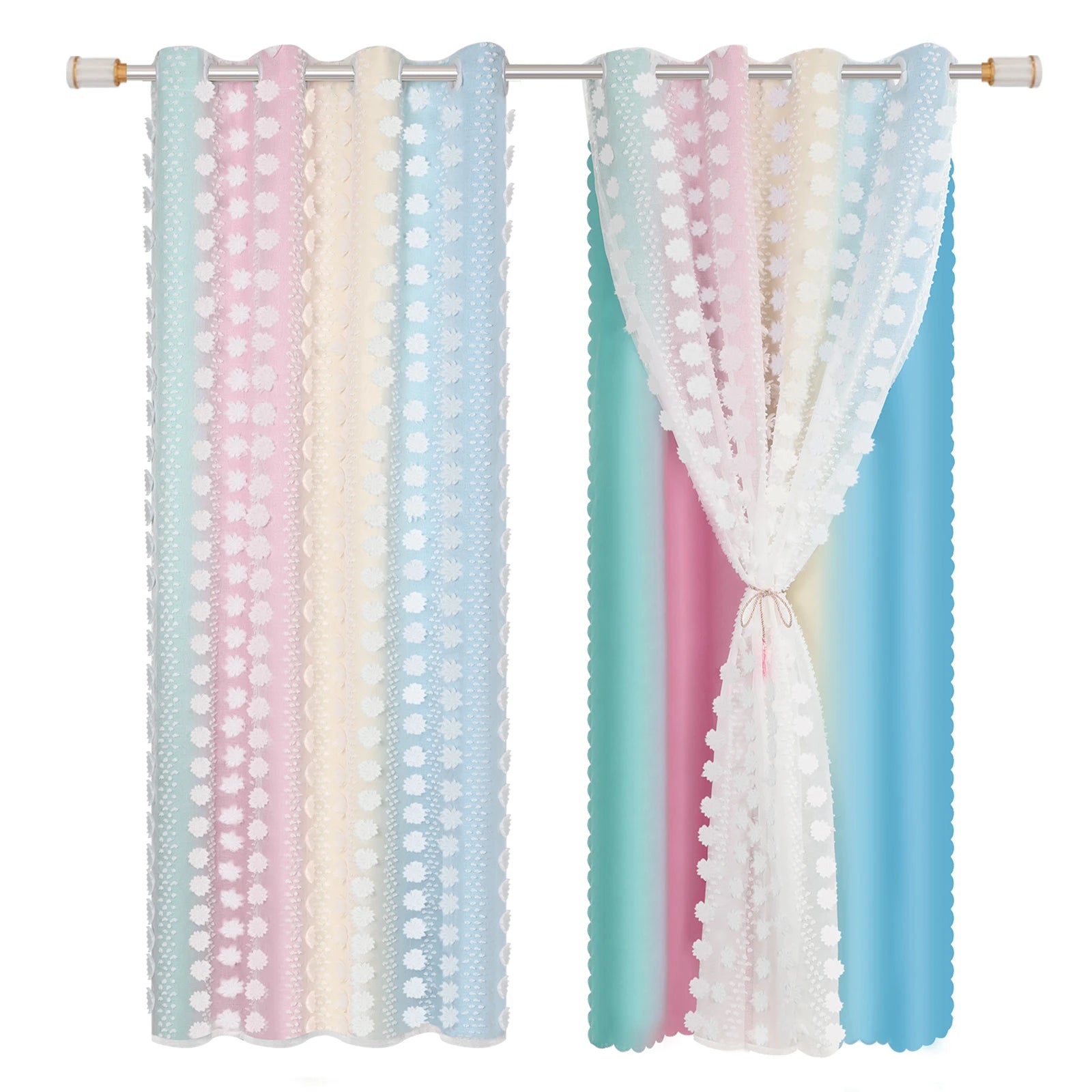 Rideau occultant double épaisseur avec voile pompons pour chambre enfant