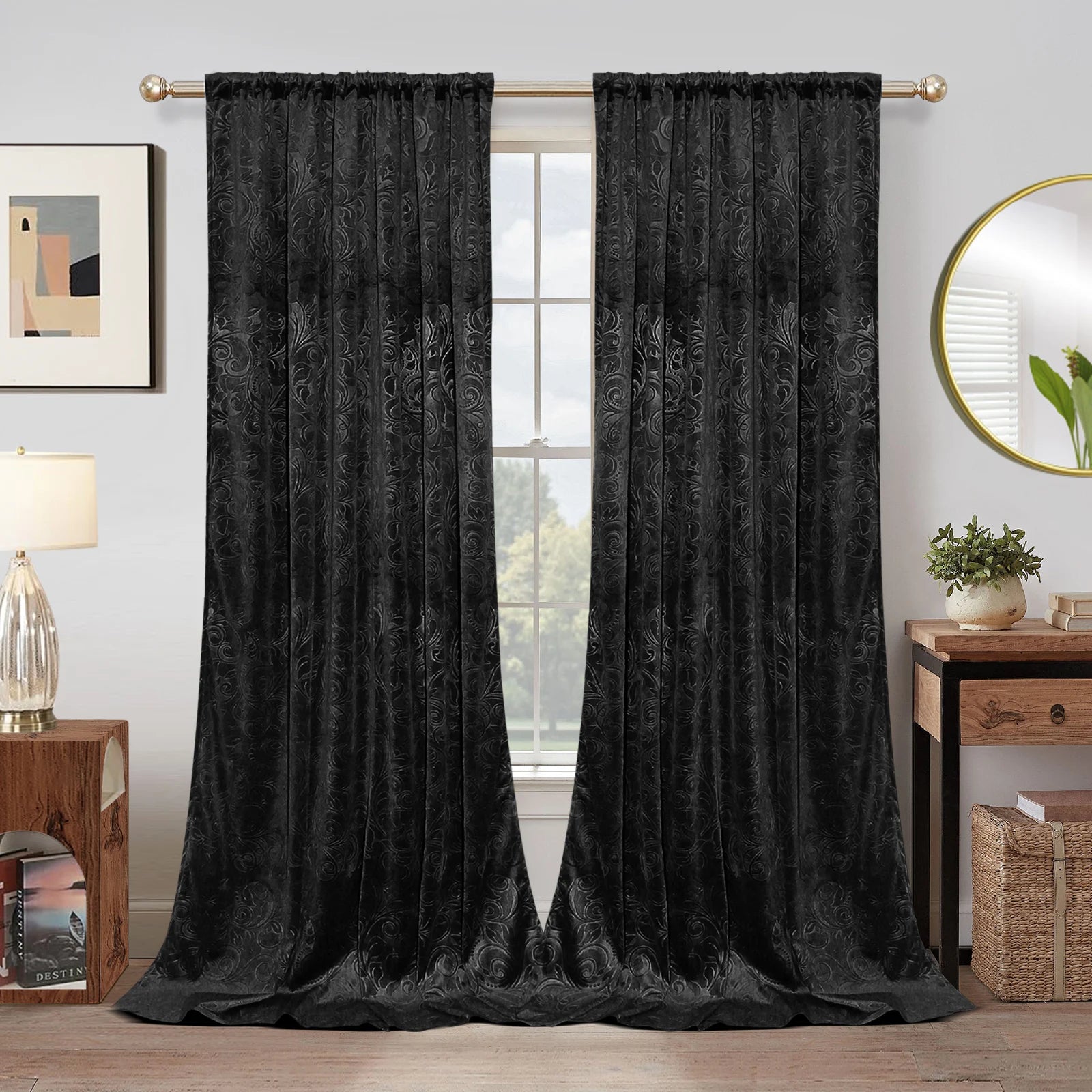 Rideaux occultants en velours à motifs floraux thermiques (2 panneaux)