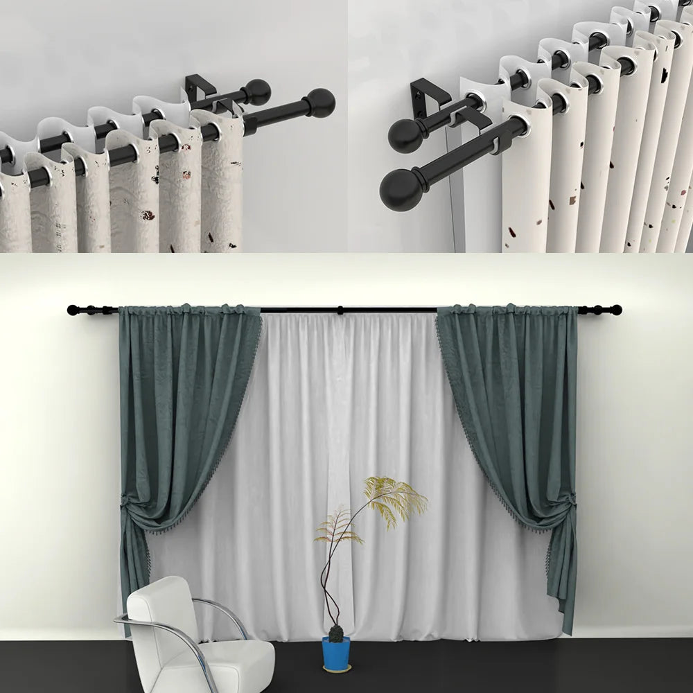Tringle double rideau extensible noire en métal pour voilage et rideau