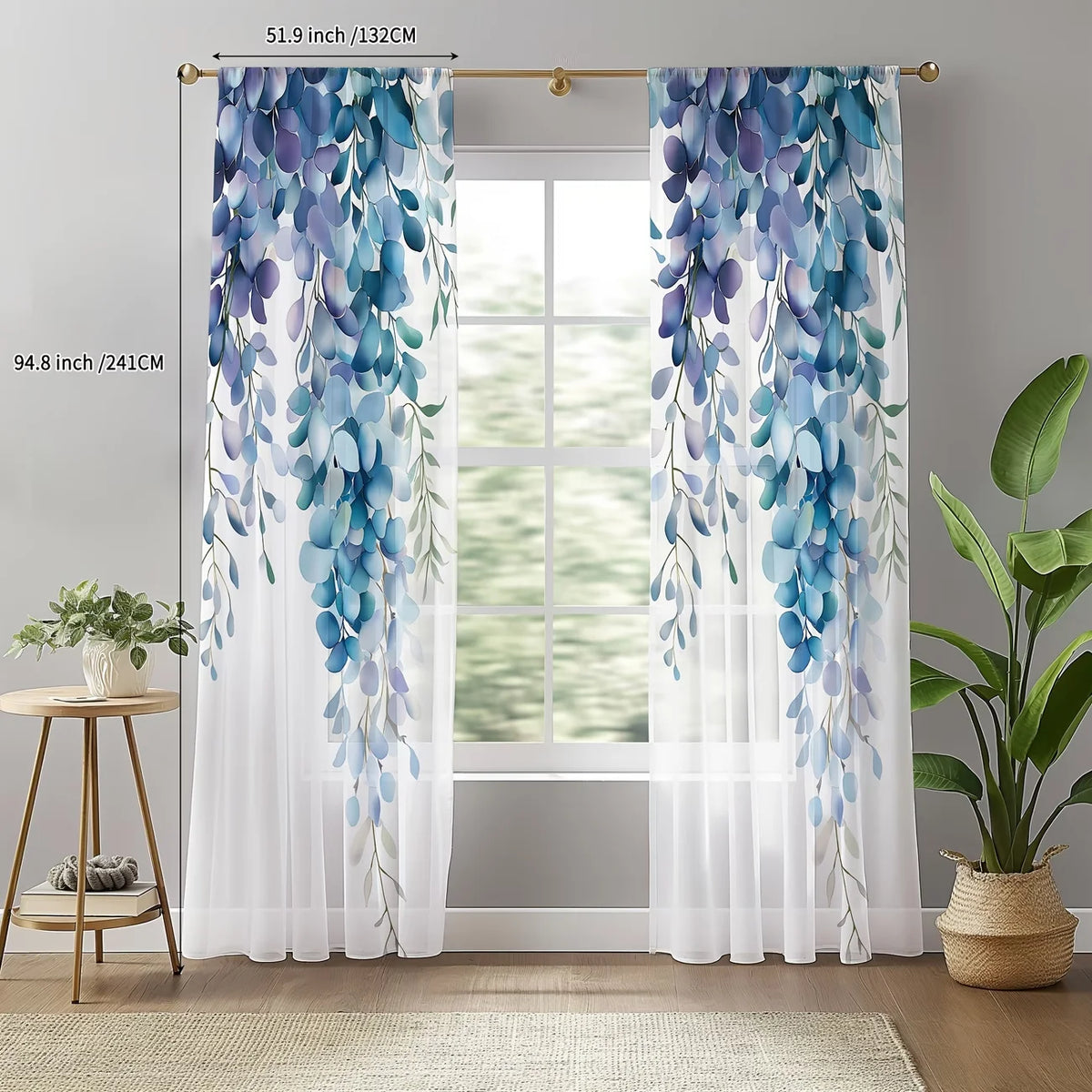 Rideaux voilage fleurs bleues imprimées tamisant style romantique, largeur 100 à 139 cm