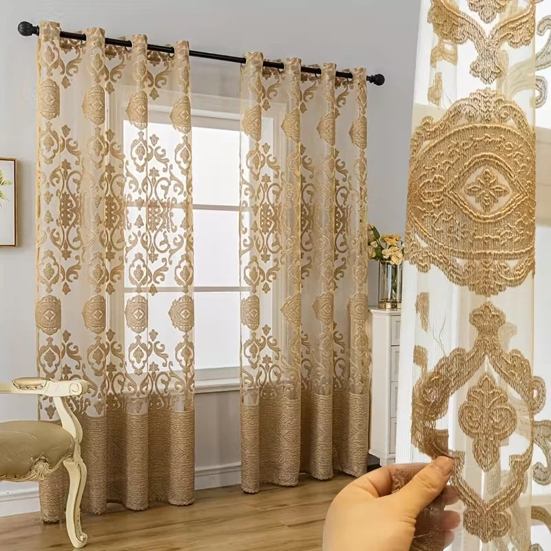 Rideau voilage jacquard doré en polyester, largeur 100 à 139 cm